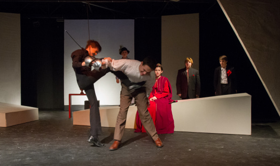 Hamlet and Laertes fight to the death, while Gertrude watches. Chris Rodenbaugh, Cal Simpson, Madeleine Norton